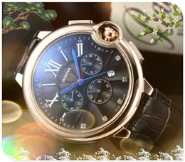 Full funktionell kvarts mode mens tidsklocka klockor stoppur 43mm subuppringningar arbetar ￤kta l￤der b￤lte grossist manliga g￥vor armbandsur montre de luxe