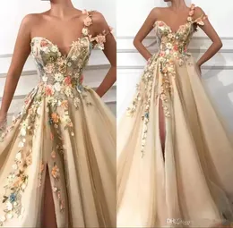 One Shoulder Tulle A Line Long Prom Dresses 3D Floral Lace Applique Beaded Split Floor Length Formal Party Evening Dresses 2023