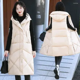 Women's Vests Long Women's Cotton Vest Jacket 2023 Winter Korean Hooded Padded Coat Large Size Waistcoat Sleeveless Parkas Abrigos T1494