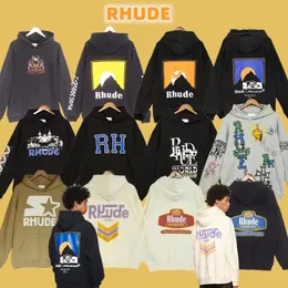 Rhude Men Designer Hoodie Sweatshirt Correct Version of the Print Niche Mens Hoody Tide Washed Made Old Vintage American High Street Hoodie