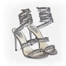 RENE CAOVILLA RHINESTONE RENEE CRYSTAL Stiletto Lamp Heel Heel Sandals Womens Shoe Cleo Studded Snake Strass Shoes Luxury Designers 9.5cm High Heeled Sandal
