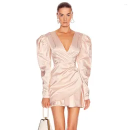 Casual Dresses High Quality Pink Sexy Deep V Neck Full Sleeve Elegant Mini Dress 2023 Women Ruffled Folds Celebrity Party