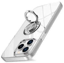 Wyczyść skrzynki telefoniczne na iPhone 12 13 Mini 14 Pro Max Cover Soft TPU Silikonowy przez metalowy uchwyt na pierścień palca Kickstan8433051