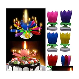 Inne imprezy imprezowe Muzyczne urodzinowe świece TOPPER Dekoracja Lotus Flower Candles Blossom Rotating Spin Down