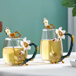 Copos de vinho esmalte o cristal de vidro de vidro de chá de água xícara de água com colher tampa utensílios de bebida de cozinha decoração caseira