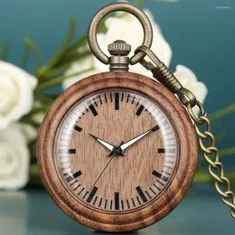 Pocket Watches Classic Ebony Wooden Case Men Women Watch Brown/Green Round Dial With Luminous Pointers Bronze Pendant Chain Gifts