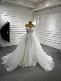 Sjöjungfrun bröllopsklänning underbar axelbandslös spets löstagbar tåg brud klänning SM67180