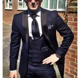 Navy Blue Groom Tuxedos for Wedding Wear Peaked Lapel Custom Made Business Men Suits 3 Piece Man suit Set Jacket Vest Pants GH19011380225
