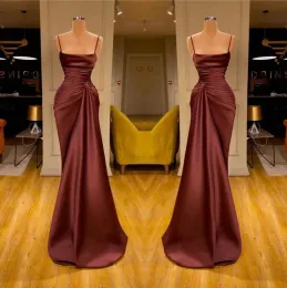 2023 Burgundy Mermaid Prom Dresses Satin Designer Spaghetti Straps Made Made Sweep Train Train Versial مناسبة رسمية ارتداء Vestidos بالإضافة إلى الحجم