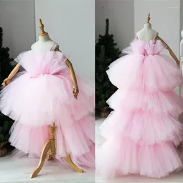 Girl Dresses Tiered Pink Flower Girls Hi-Lo Pageant Ball Gowns For Kids Wedding Party Birthday First Holy Communion Wears