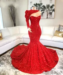 Evening Dresses Wear Glitter Mermaid Sequined Lace Red Sweetheart Crystal Beading Sequins Illusion Long Sleeve Prom Dress Pageant Party Gowns With Jacket