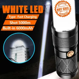 손전등 토치 6000 미터 길이의 샷 LED 손전등 내장 6000mAh 타입 C 충전식 스포트라이트 10000000lm 흰색 LED 전술 손전등 0109