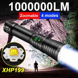 Flashampar facklor Nya High Power LED -ficklampor med Zoom 1000000lm Torch Light kraftfull XHP199 Taktisk ficklampa RECHARGEABLE Power Bank Light 0109