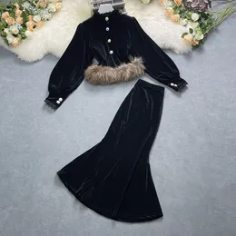 Women's black color stand collar velvet fabric fur bottom top and elastic waist mermaid maxi long skirt set 2 piece dress suit SML