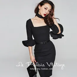 Party Dresses 45- Women Winter Vintage 50s Wool Ruffles Sleeve Wiggle Pencil Dress In Black Plus Size Vestido Elegant Retro Pinup