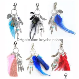 An￩is -chave Dreamcatcher Chain Feather Chain Natural Crystal Lony Eary Eye Hamsa Hand of Fatima Charm Keychains Bag Caryrings Holder Dro Dhsy1