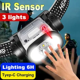 Latarki Terches Mini USB ładowalny czujnik reflektora rybacka kemping latarka 5W LED Reflektory przednia latarnia z wbudowaną baterią 0109