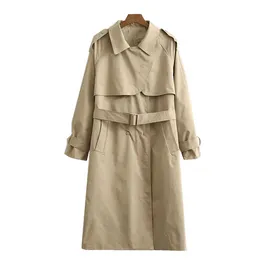 Damengrabenmäntel ZXQJ Elegante Frauen Khaki Langer Mantel 2023 Mode Damen Umlegekragen Oberbekleidung Streetwear Weibliche Zweireiher