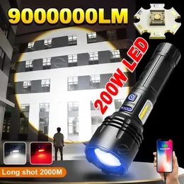 El feneri meşale 9000000lm 200w şarj edilebilir el feneri XHP360 Yüksek Güçlü LED Fenerler Kobu Işığı Güçlü Meşale Aydınlatma 2000m Güç Bankası 0109