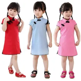 Mädchenkleider Hooyi Solid Baby Girls Kleider Chinesisch Neujahr traditionelle Qipao Kinder Chi-Pao Kinder Cheongsam Leinenmädchen Kleidung Sommer Tops T230106