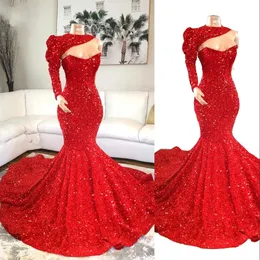 2023 Prom Dresses Glitter Mermaid Sequined Lace Red Sweetheart Crystal Beading Sequins Illusion Long Sleeve Evening Dress Pageant Party Gowns With Jacket