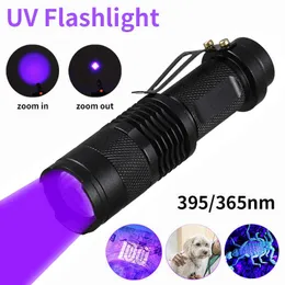 Flashlights facklor Mini UV LED -ficklampa Portable Ultraviolet Black Light 395/365nm 3 -lägen Zoomable Torch Pet Urine Stains Scorpion Detector Lamp 0109
