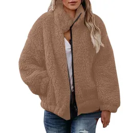 여자 재킷 사가스 2023 여자 스탠드 칼라 양털 플러시 코트 우아한 코트 긴 외부웨어 겨울 따뜻한 단색 재킷