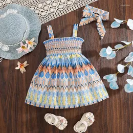 Flicka klänningar baby klänning sommar poly ärmlös allover boho blommig tryck shirred cami barn med pannband småbarn vestido