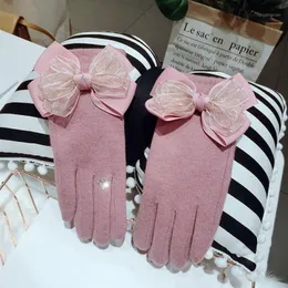 Five Fingers Gloves Korean Lovely Double Layer Bow Knot Autumn Winter Women's Cashmere Thick Warm Mitten Touch Screen Girl Lady AGL2771