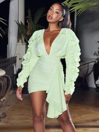 Casual Dresses Summer Women Sexy Deep V Neck Puff Full Sleeve Mini Draped Dress Backless Fashion Elegant Night Club Party Vintage