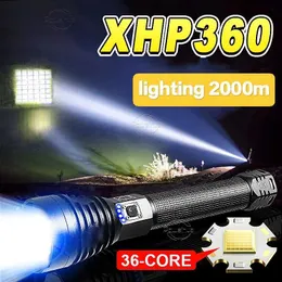 Flashlights facklor Laddar ficklampan 250000 Lumen XHP360 Kraftfull Lantern Readgeble Lamp Camping Torch Light Tactical Ficklight Power Bank 0109