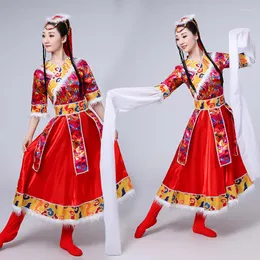 Abbigliamento da palcoscenico Costume da ballo tibetano Costume da donna adulto manica lunga gonna lunga Spettacolo nazionale