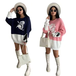 M4006 Autumn en Winter Women Fashion Simple Letter Two Color Knitted Sweater Casual Letter Contrast Top