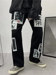 Spodnie męskie Goth Punk mężczyźni w stylu Casual, czarna łatka spodnie szerokie nogawki workowate spodnie główne ulice Anime proste dna Streetwear odzież damska