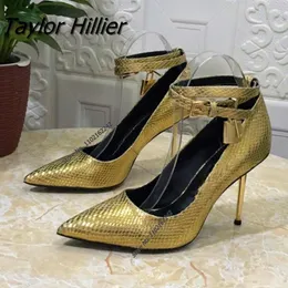 Kleiderschuhe Ladies Pumps Gold Schloss dekorierte High Heels spitzer Zeh sexy Stiletto Frauenparty Bankett Gladiator Gladiator