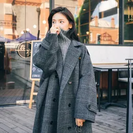 Frauen Wolle Mischungen Plaid Woolen Mantel Mid-länge Koreanische Übergroßen 2023 Herbst Winter Preppy Student Lose Über-die-knie Jacken