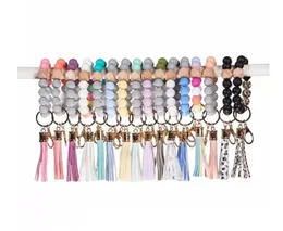 Party Favor Silicone Keychain Keys Tassel Wood Beads Bracelet Keyring For Women Multicolor Beads Gift