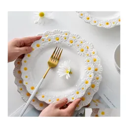 Dishes Plates 8/10Inch Cute Small Daisy Flower Ceramic Dessert Salad Bowl Tableware Dinner Steak Snacktray White Crockery Drop Del Dhb8K