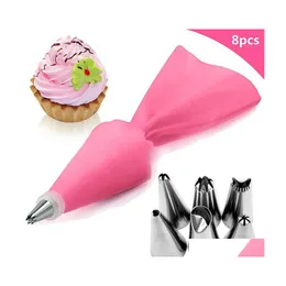 Baking Pastry Tools Cake Decorating Kit Reusable Stainless Steel Icing Tips Sile Bag Diy Kitchen Accessories Drop Delivery Home Ga Dhzbc