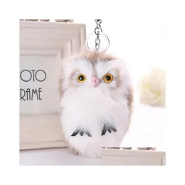 Keychains Lanyards 15Cm Cute Fluffy Owl Keychain Pendant Women Girls Key Ring Faux Bunny Rabbit Fur Pompoms Chains For Handbag Dro Dhw7J