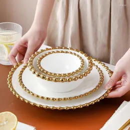 Plates Nordic Ceramic Dinner Plate With Gold Beaded Rim Round Dessert Appetizer Serving Dishes Soup Salad Bowl Snack Container