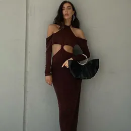 Vestidos casuais malha y2k vestido mulheres maxi manga longa brown praia grunge fada fada elegante vintage outono 2023 roupas estéticas de streetwear