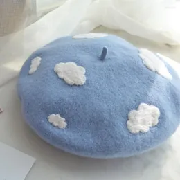 Berets Women's Handmade Beret Cloud Hat DIY White Blue Woolen Painter Autumn And Winter Cute Warm Pumpkin Lolita