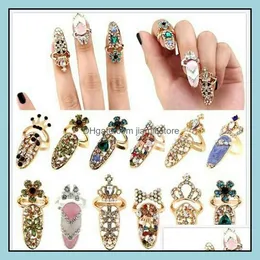 Bandringe Netter Rhinestone-Bowknot-Finger-Nagel-Ring für Frauen Crown Flower Crystal Personality Art Resizable Knuckle Fashion Party D Otcjx
