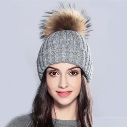 Beanie/Skull Caps Beanieskl Xthree Knitted Hat For Women Winter Wool Luxury Beanies Sklies Real Fur Pom Girl Gorro Female Cap Drop D Dhnfq
