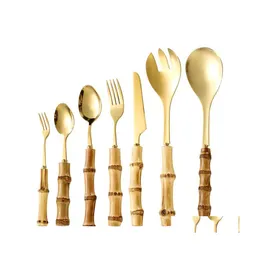 Flatware Sets Bamboo Stainless Steel Spoon Fork Western Tableware Outdoor Portable Set Drop Delivery Home Garden Kitchen Dining Bar Dh5Dc