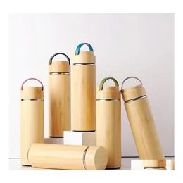 Tumblers 450 ml 500 ml bambu termosflaska med handtag rostfritt st￥l vakuumkolv b￤rbar vatten kaffekopp Anpassa logotypen drop de dhuhc