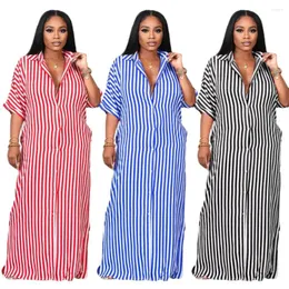 Casual Dresses Summer Fall Randig lång skjorta klänning Kvinnor ärm Slå ner krage rak knapp maxi sundress cover robe