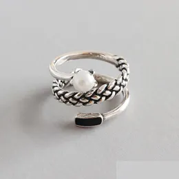 الفضة الجديدة Sier Sier Spiral Natural Freshwater Pearl Rings Anillos للنساء 925 الجنيه الاسترليني ثلاث طبقة تويست حلقة إصبع Bijoux D DHR81