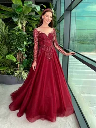 Luxury Beaded Burgundy Evening Dresses Long Sleeves Sheer Sweetheart Neck A Line Prom Party Gowns Women Elegant Formal Dress Court Train